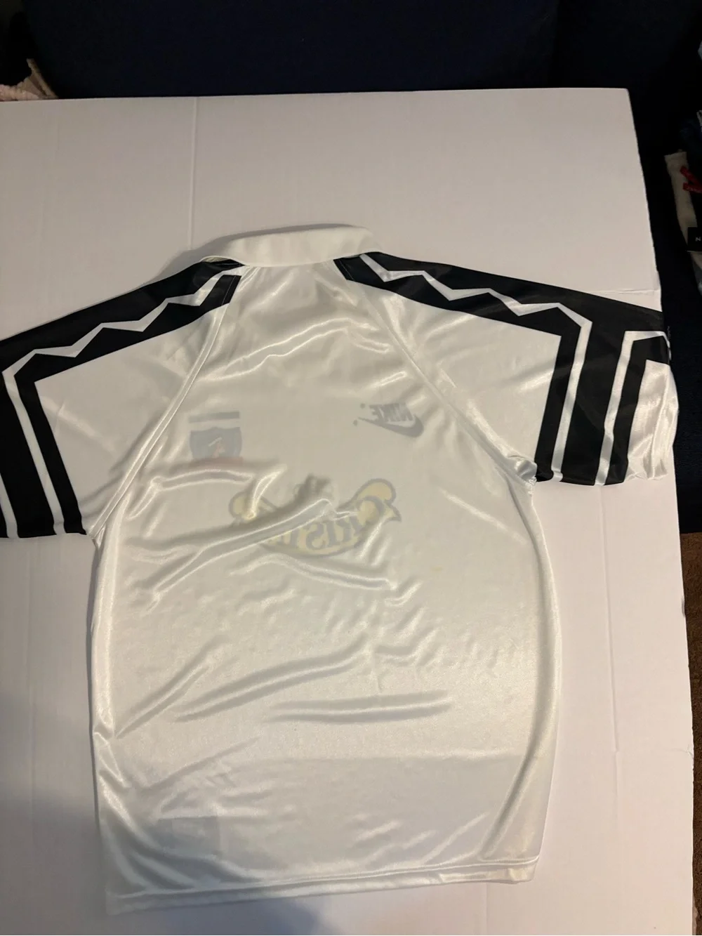 Nike White and Black Colo-Colo Soccer Jersey with Yellow Cristal Logo